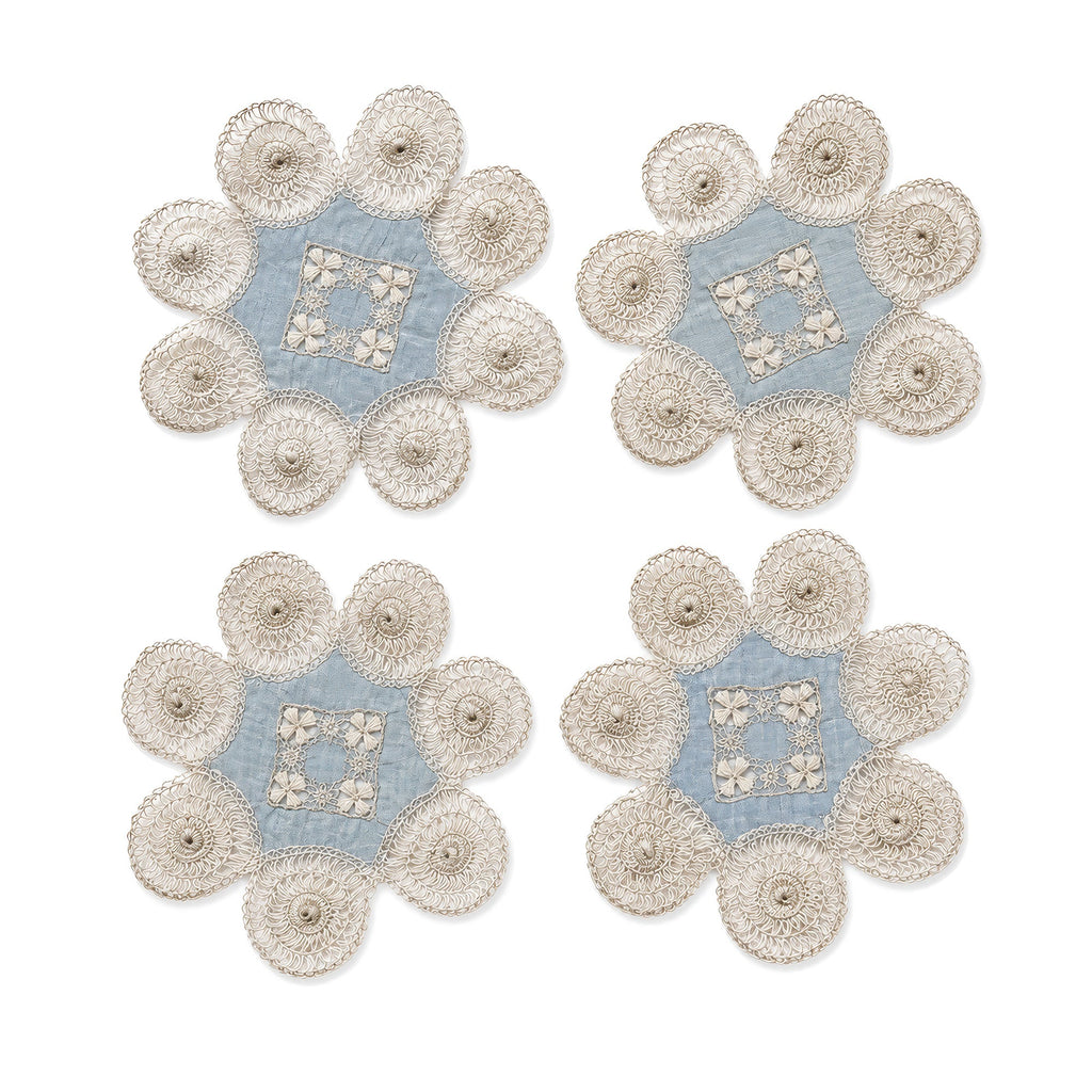 Set of Six Antique Blue and White Linen Tenerife Drawn-Work Embroidery Doilies