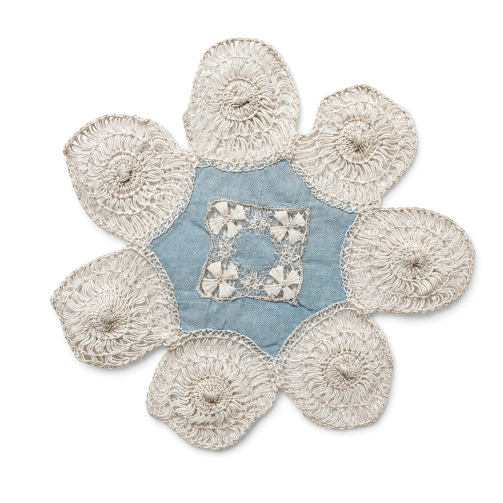 Set of Six Antique Blue and White Linen Tenerife Drawn-Work Embroidery Doilies