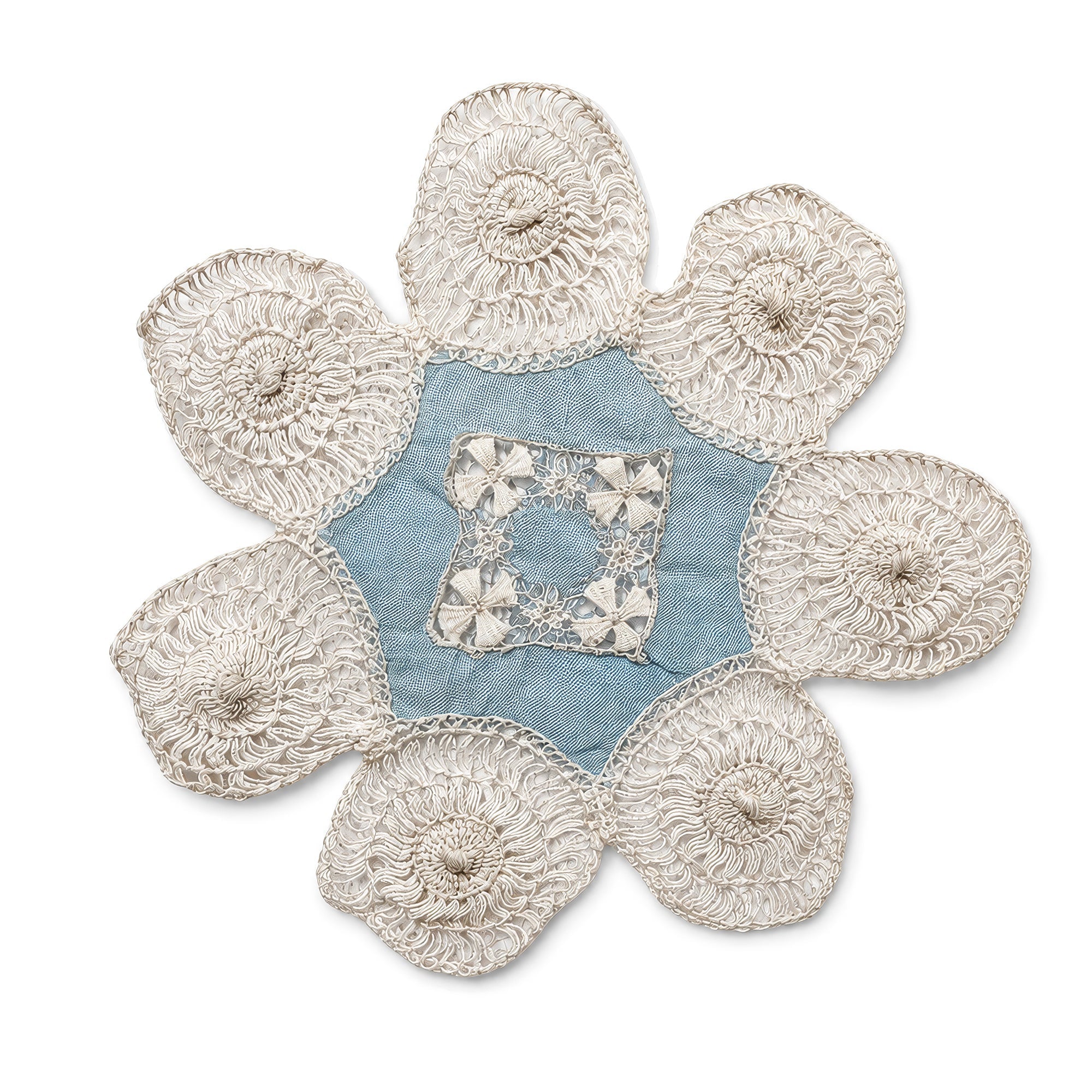 Set of Six Antique Blue and White Linen Tenerife Drawn-Work Embroidery Doilies