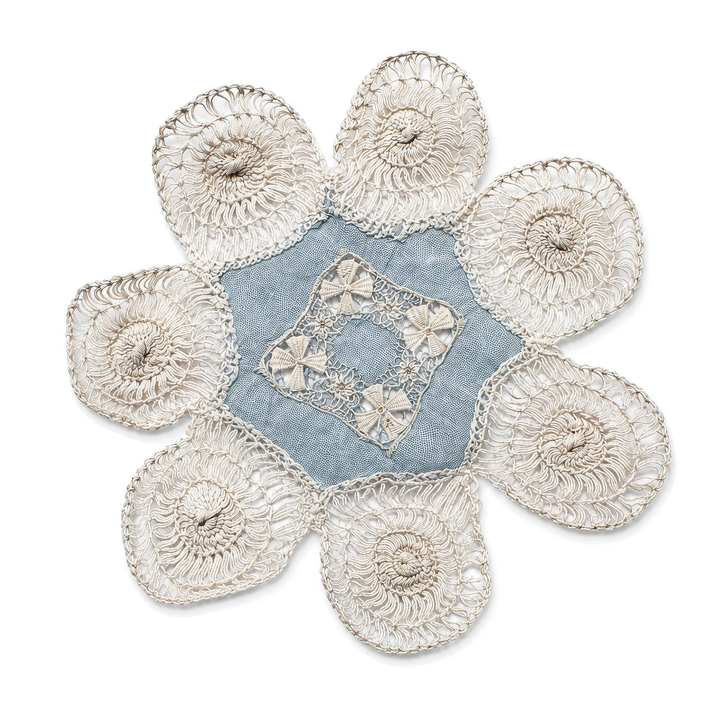 Set of Six Antique Blue and White Linen Tenerife Drawn-Work Embroidery Doilies