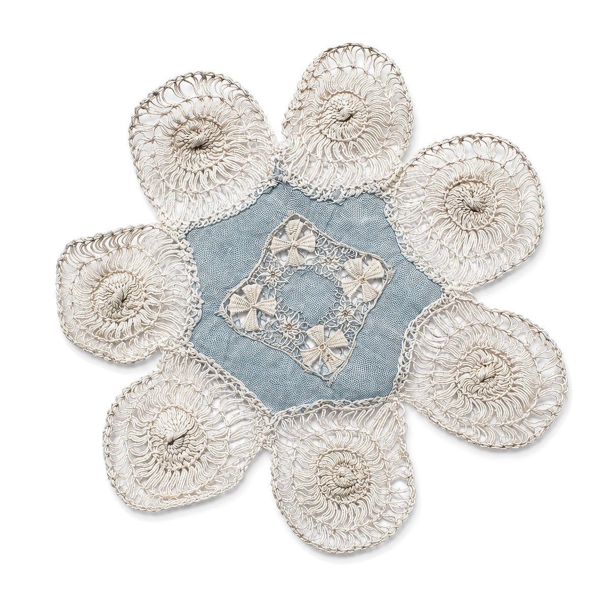 Set of Six Antique Blue and White Linen Tenerife Drawn-Work Embroidery Doilies
