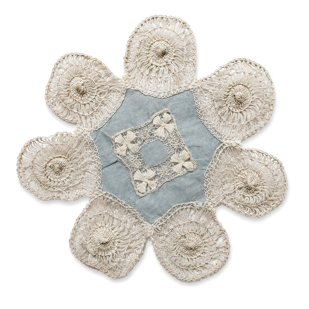 Set of Six Antique Blue and White Linen Tenerife Drawn-Work Embroidery Doilies