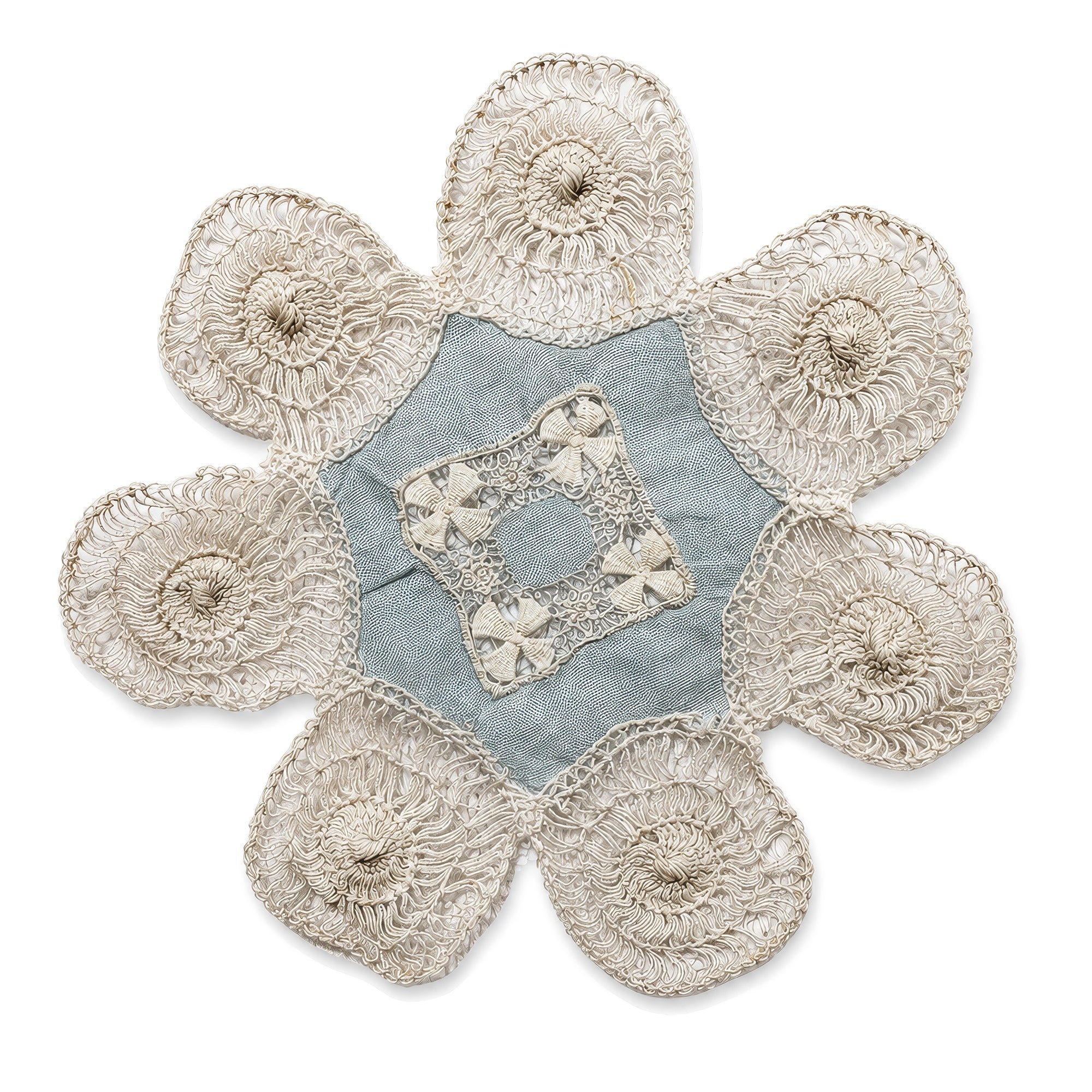 Set of Six Antique Blue and White Linen Tenerife Drawn-Work Embroidery Doilies