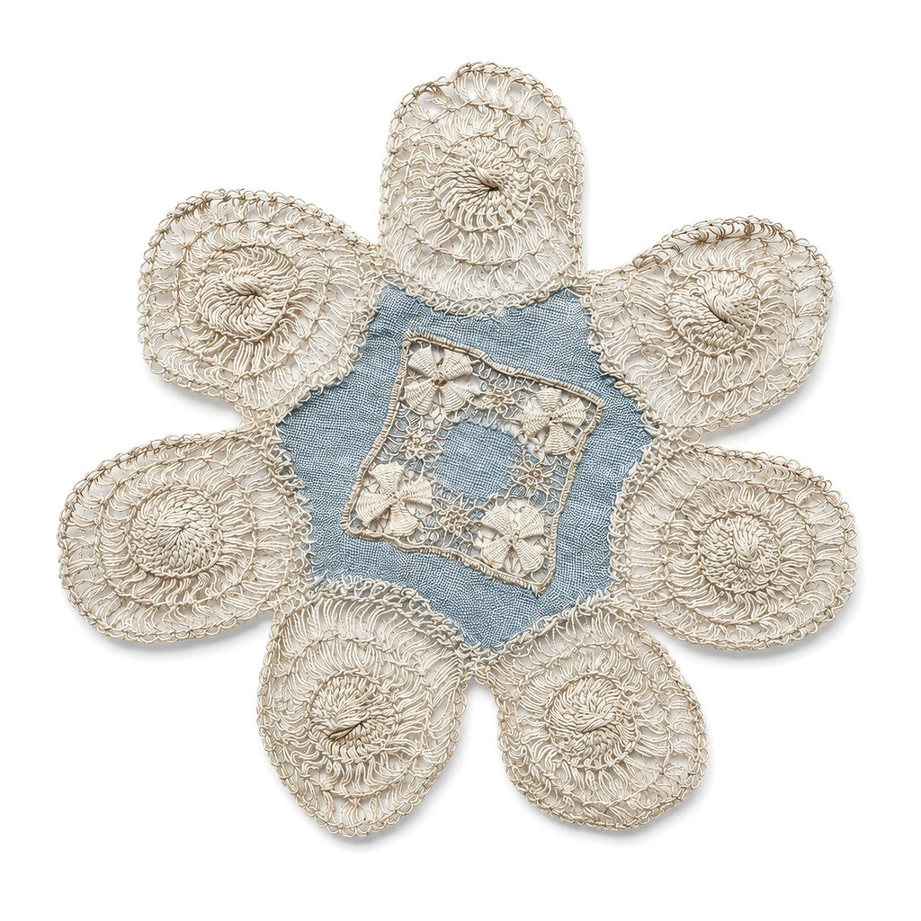 Set of Six Antique Blue and White Linen Tenerife Drawn-Work Embroidery Doilies