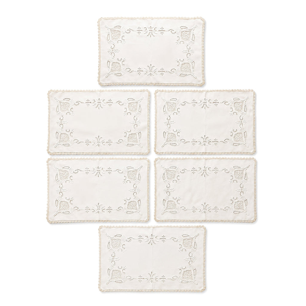 Set of Six Vintage Linen Placemats with Lace Trim and Embroidery