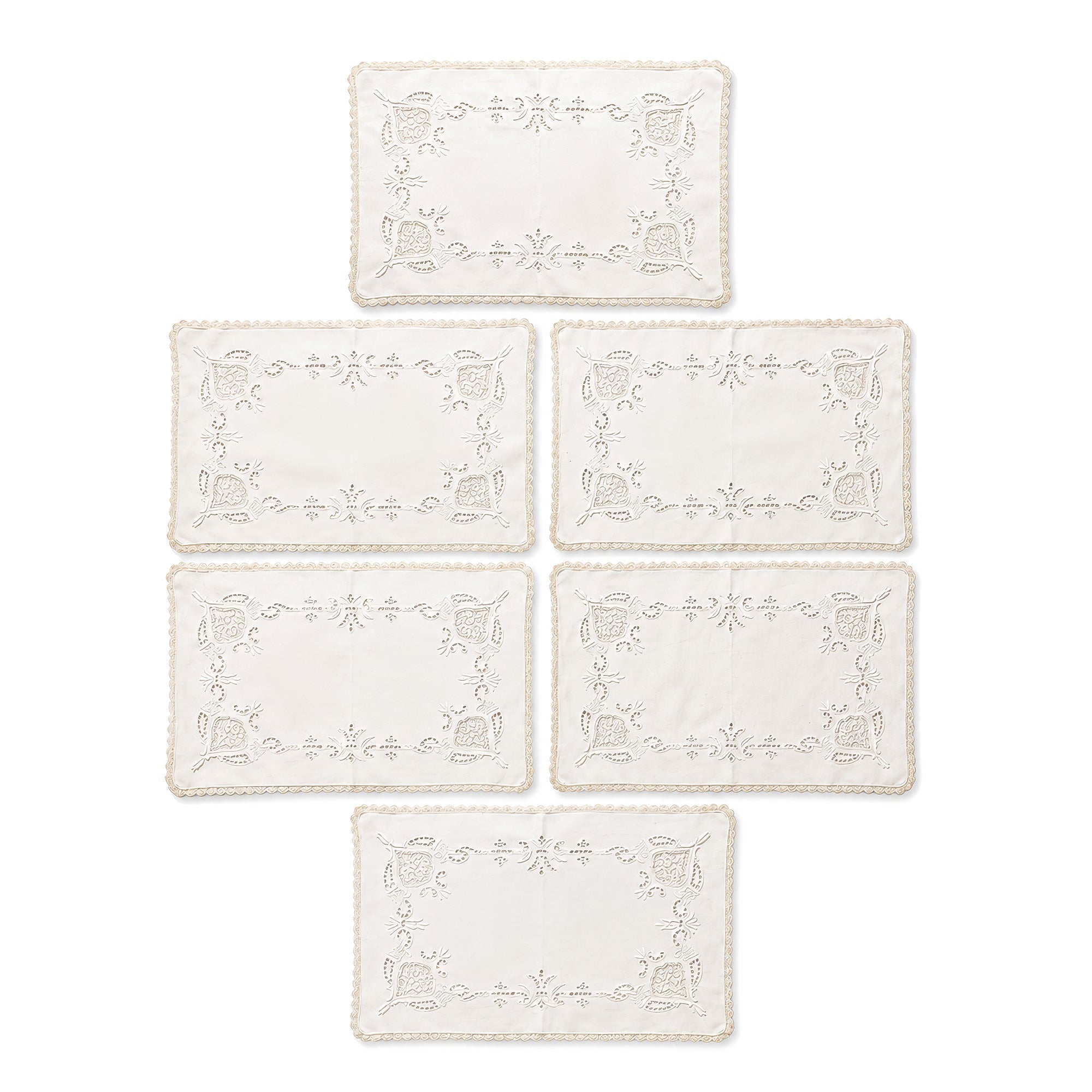 Set of Six Vintage Linen Placemats with Lace Trim and Embroidery
