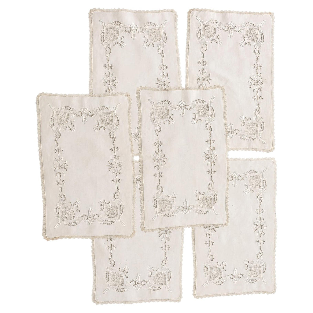 Set of Six Vintage Linen Placemats with Lace Trim and Embroidery