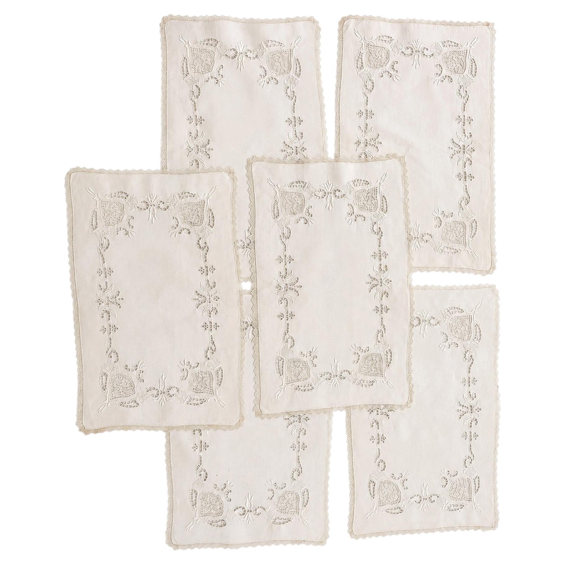 Set of Six Vintage Linen Placemats with Lace Trim and Embroidery