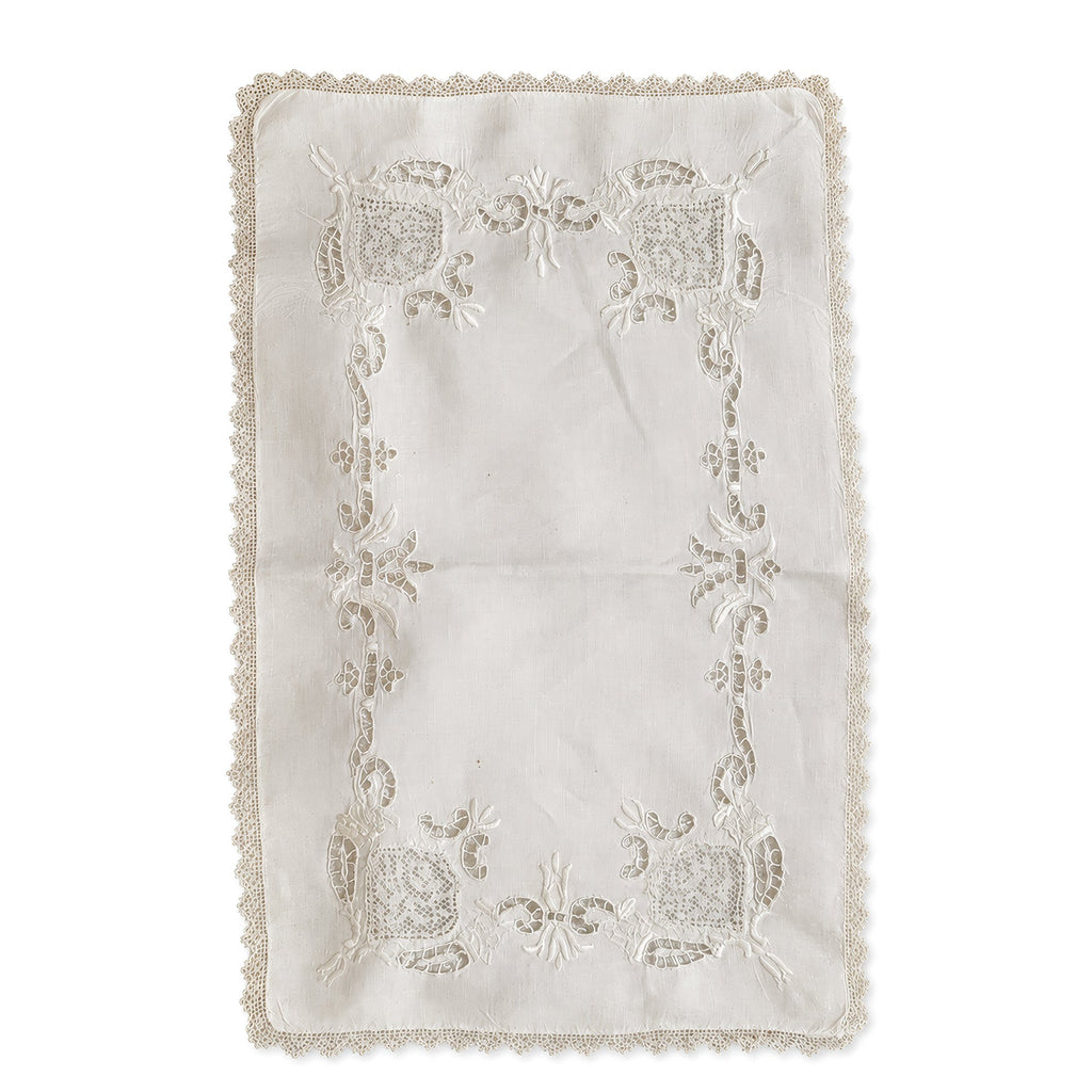 Set of Six Vintage Linen Placemats with Lace Trim and Embroidery