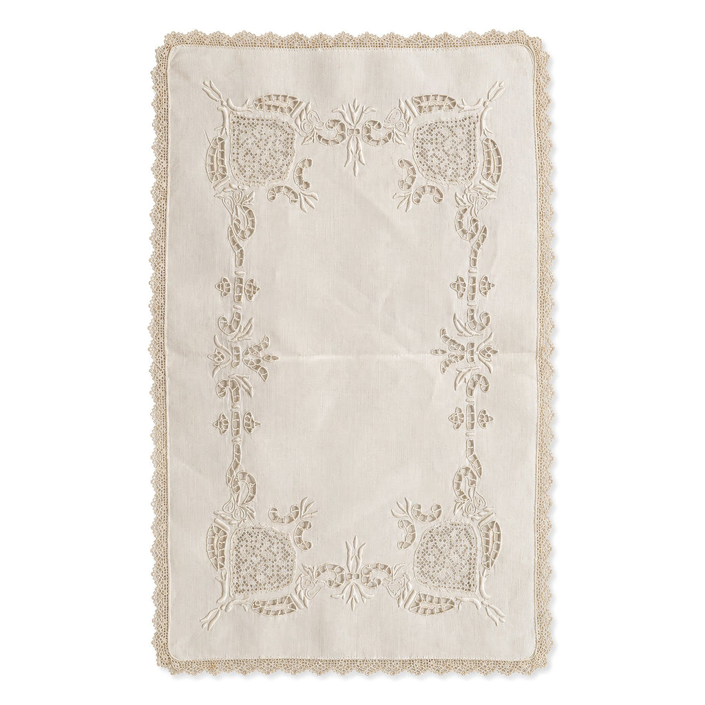 Set of Six Vintage Linen Placemats with Lace Trim and Embroidery