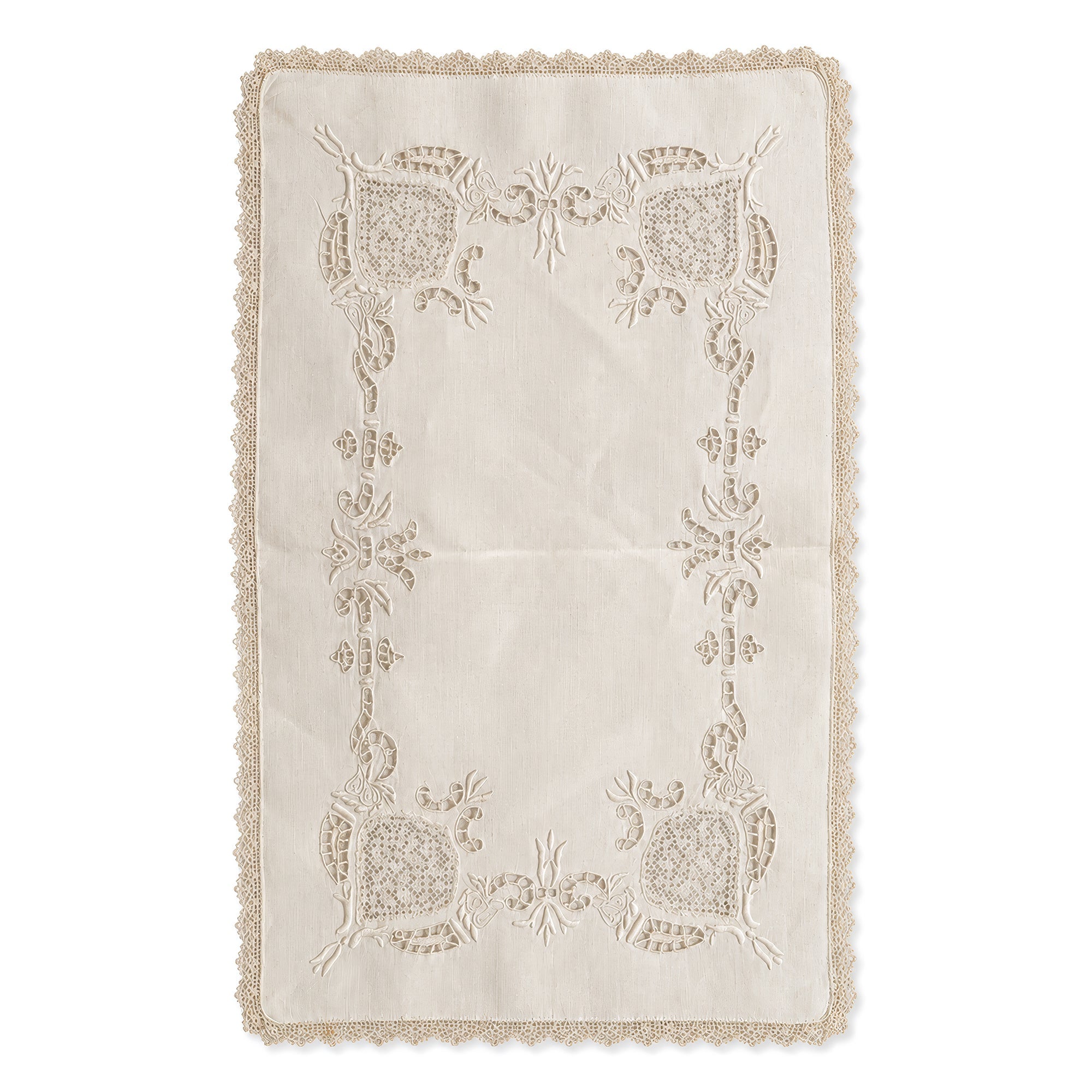 Set of Six Vintage Linen Placemats with Lace Trim and Embroidery