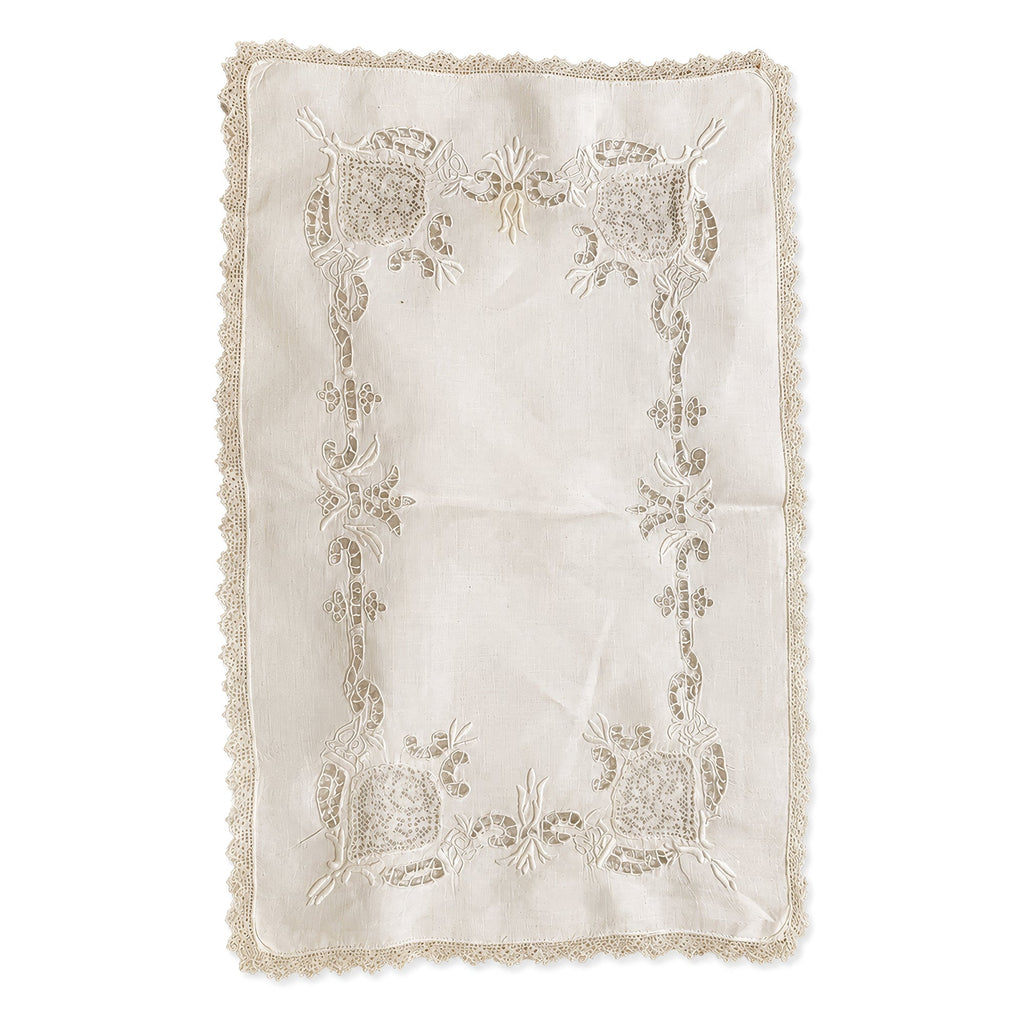 Set of Six Vintage Linen Placemats with Lace Trim and Embroidery