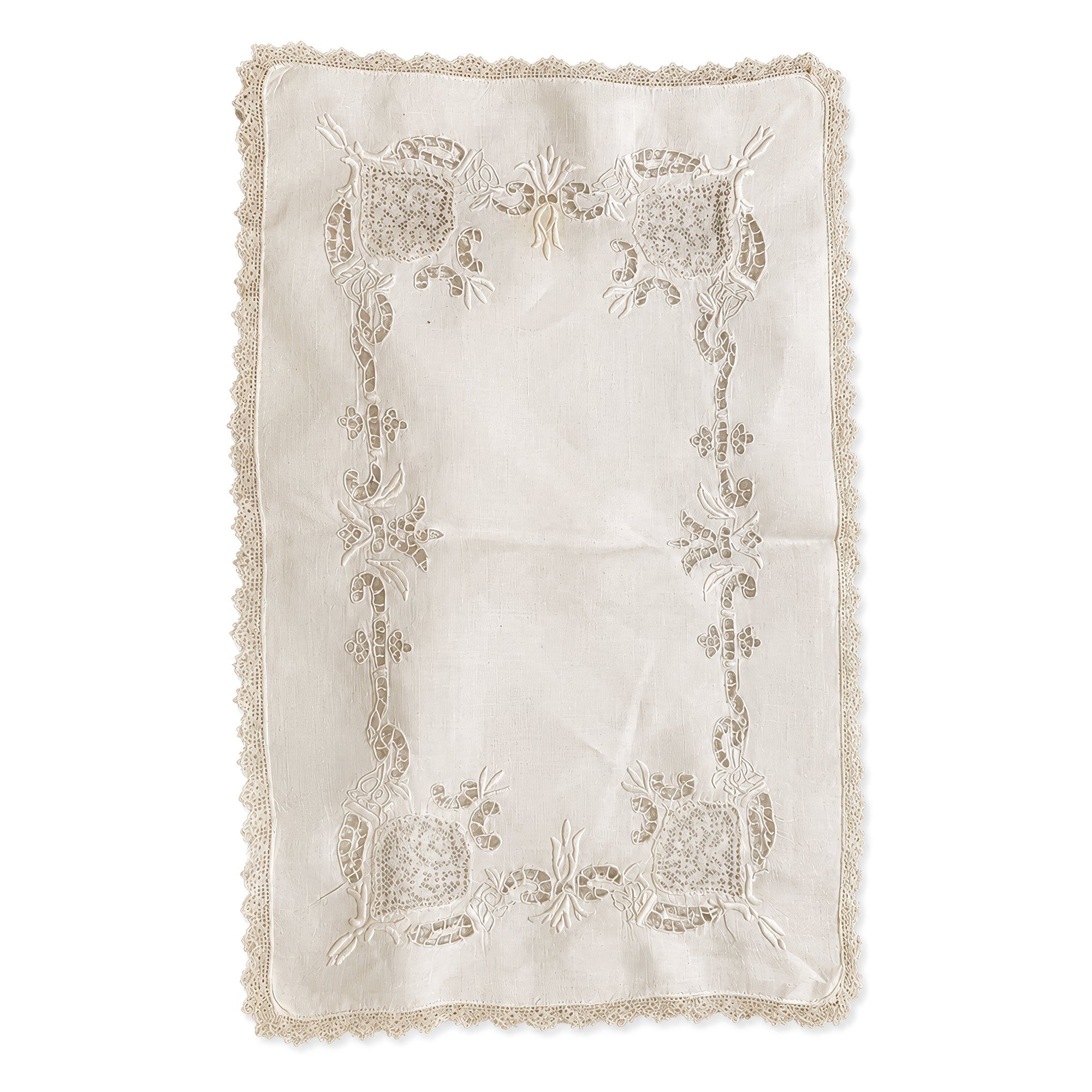 Set of Six Vintage Linen Placemats with Lace Trim and Embroidery