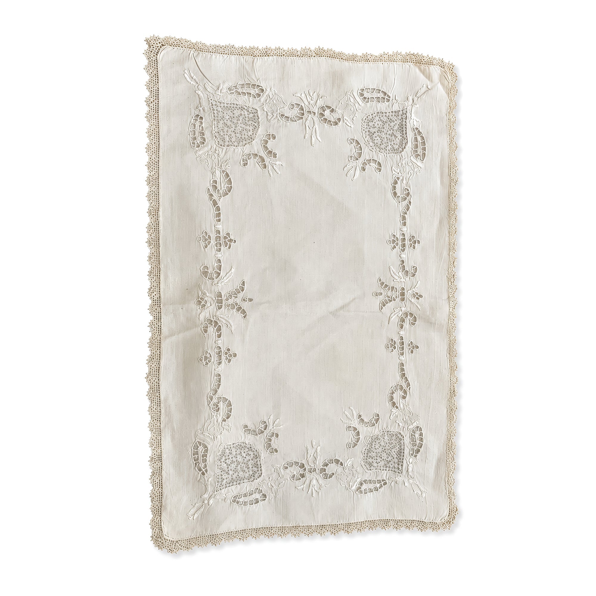 Set of Six Vintage Linen Placemats with Lace Trim and Embroidery