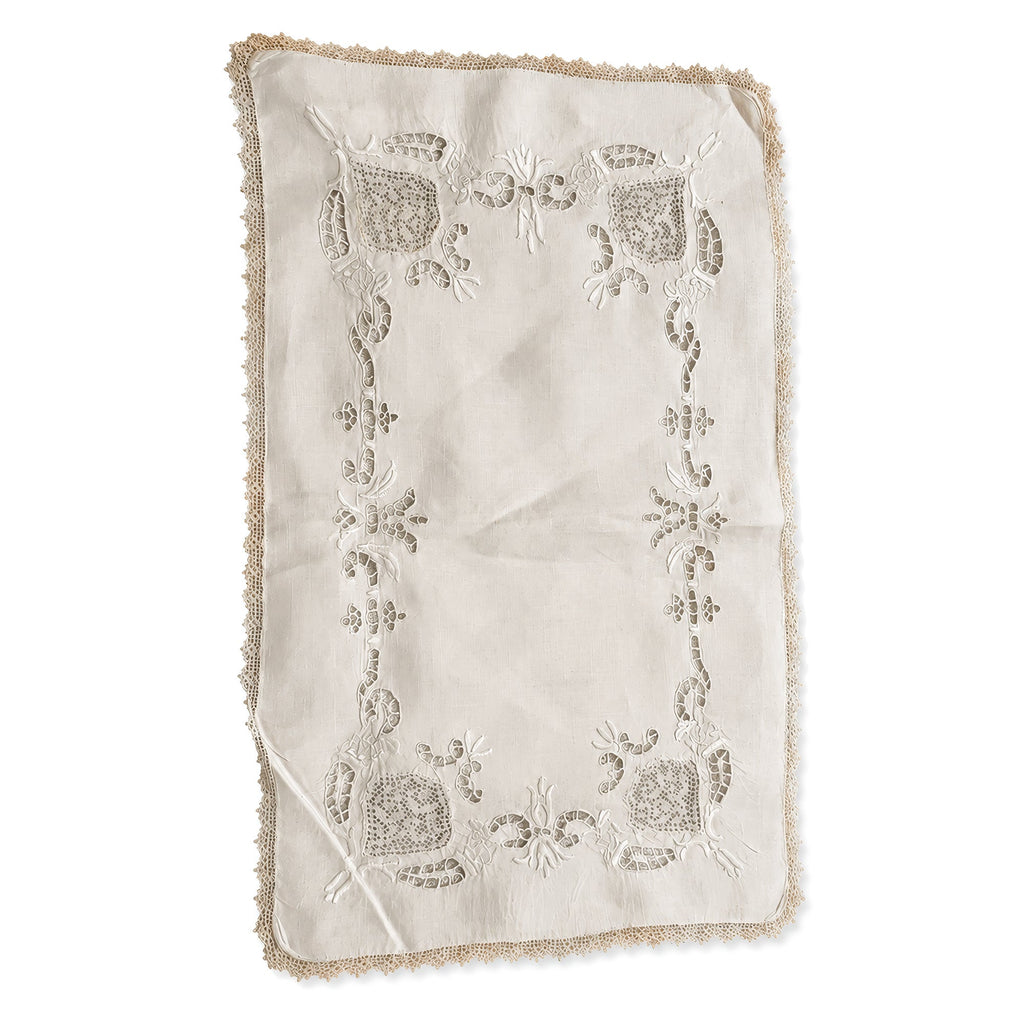 Set of Six Vintage Linen Placemats with Lace Trim and Embroidery