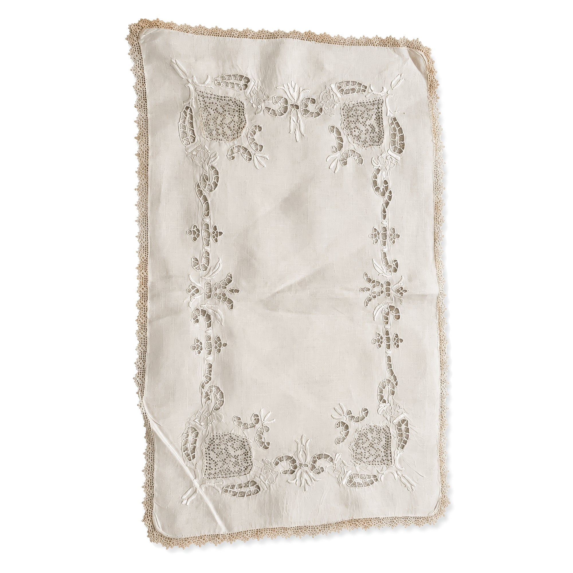 Set of Six Vintage Linen Placemats with Lace Trim and Embroidery