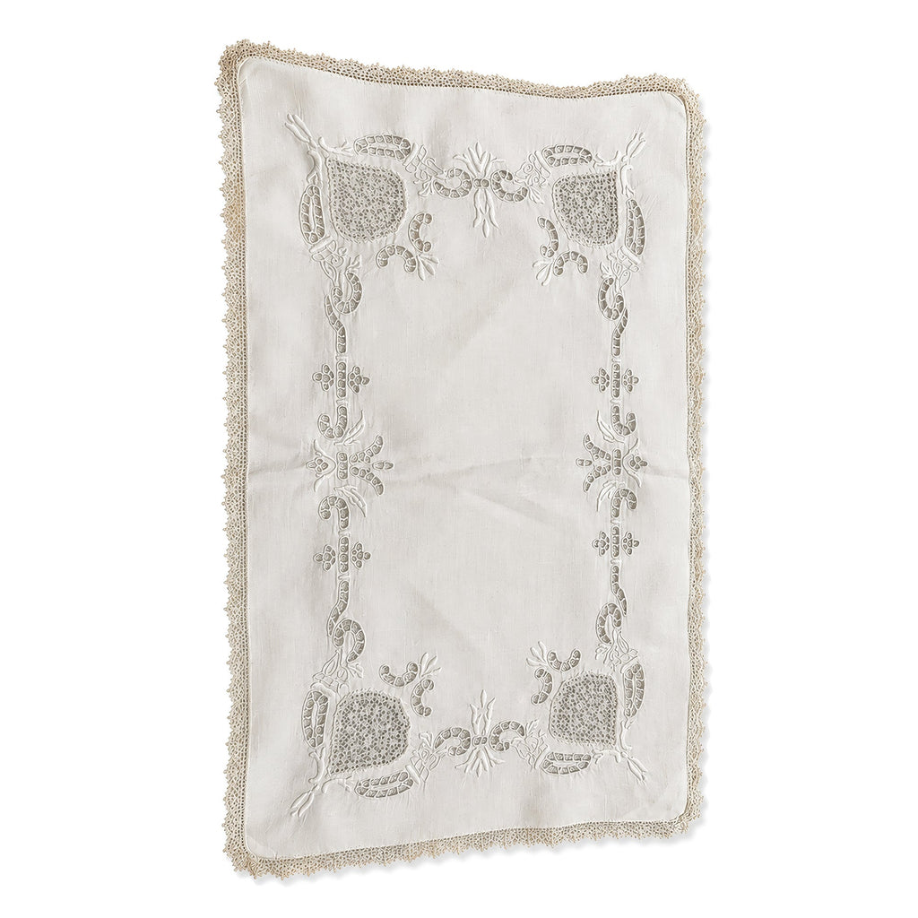 Set of Six Vintage Linen Placemats with Lace Trim and Embroidery