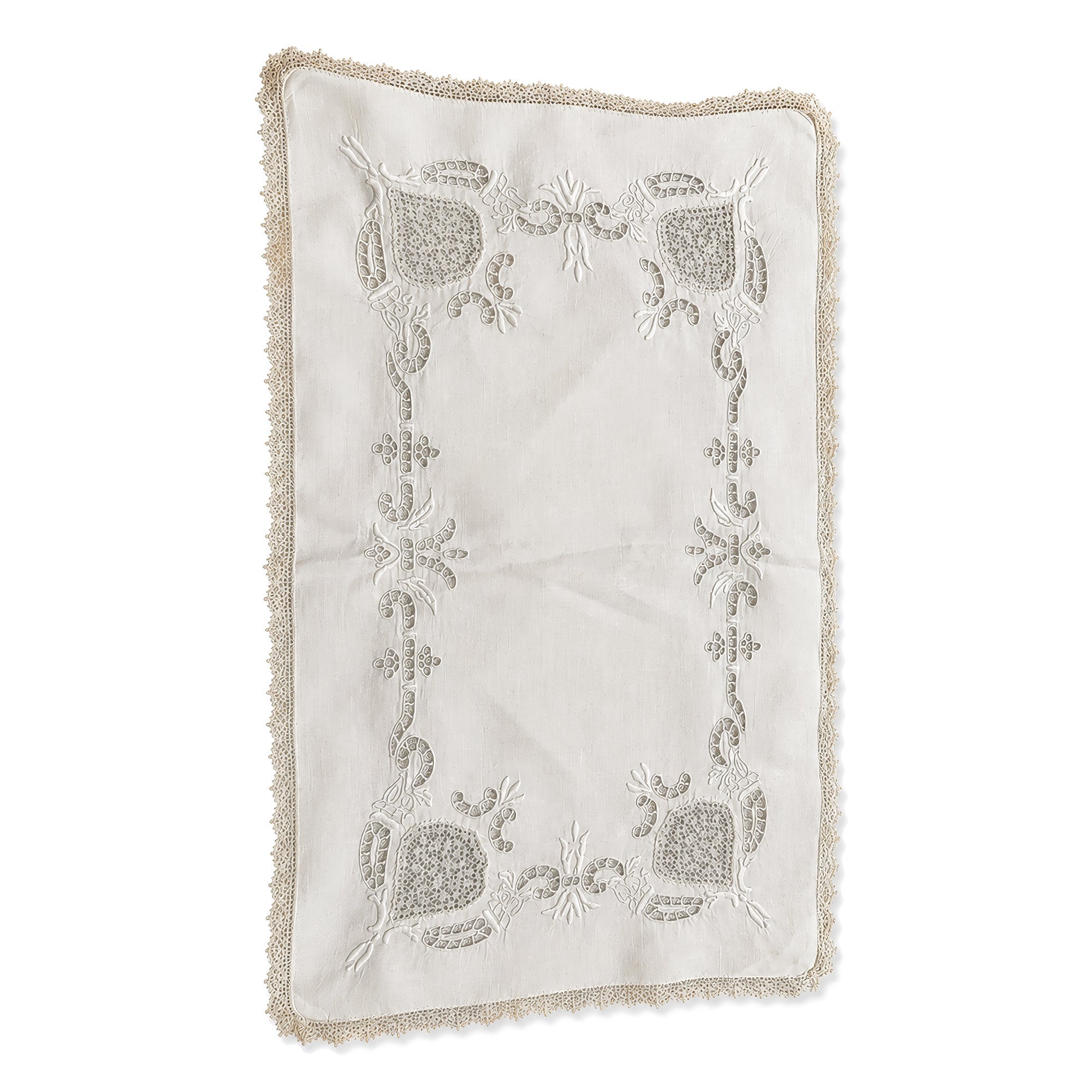 Set of Six Vintage Linen Placemats with Lace Trim and Embroidery