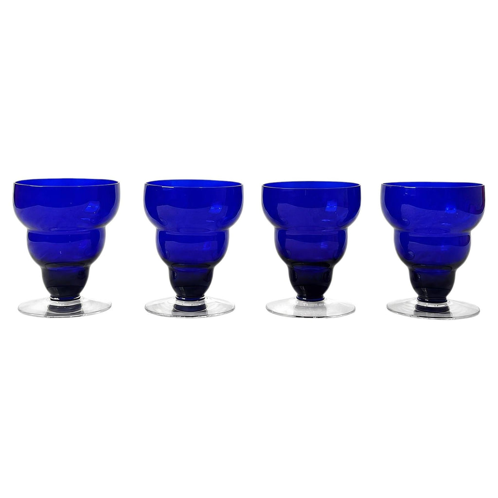 Set of Four Vintage Cobalt Blue Glass Cups with Lobed Rim
