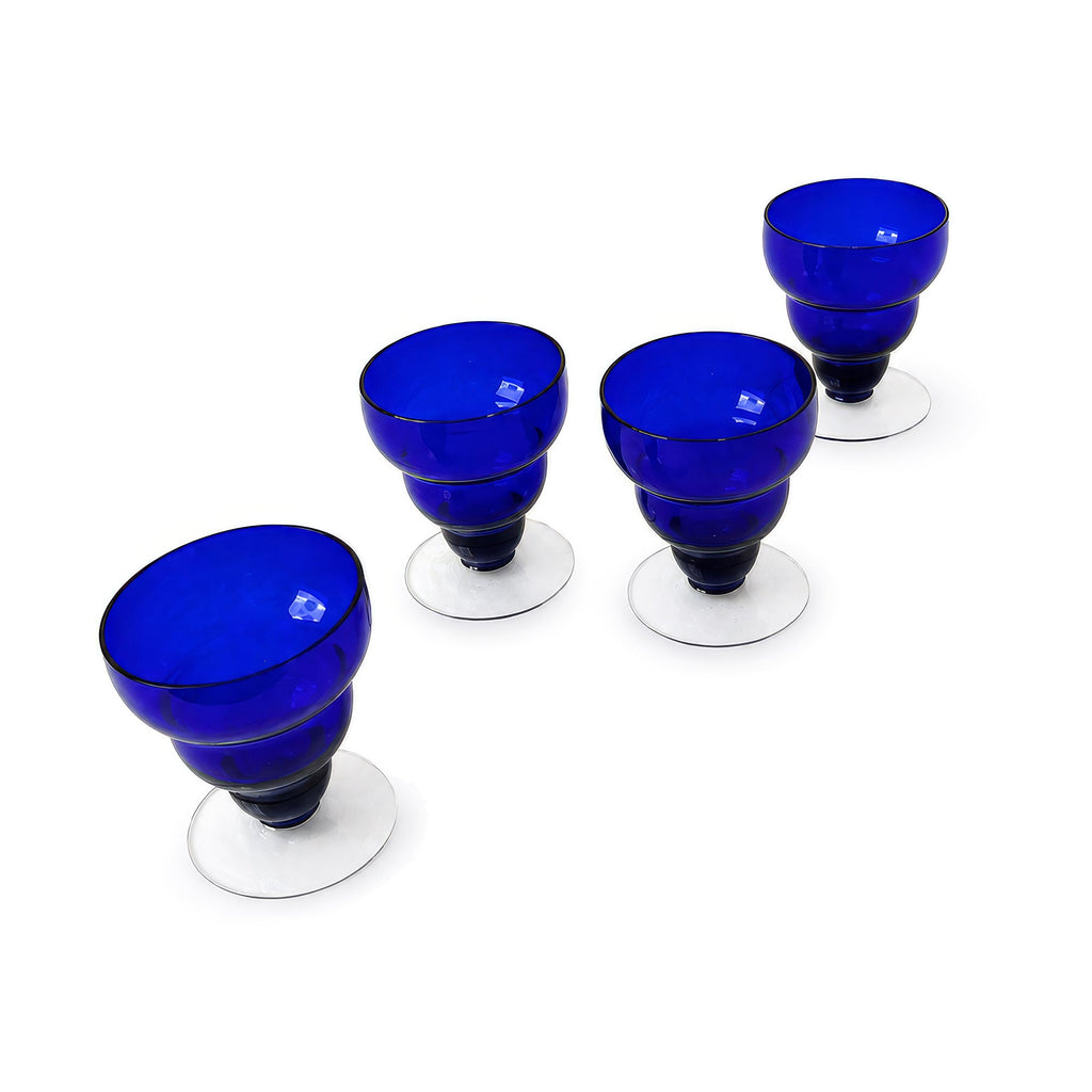Set of Four Vintage Cobalt Blue Glass Cups with Lobed Rim