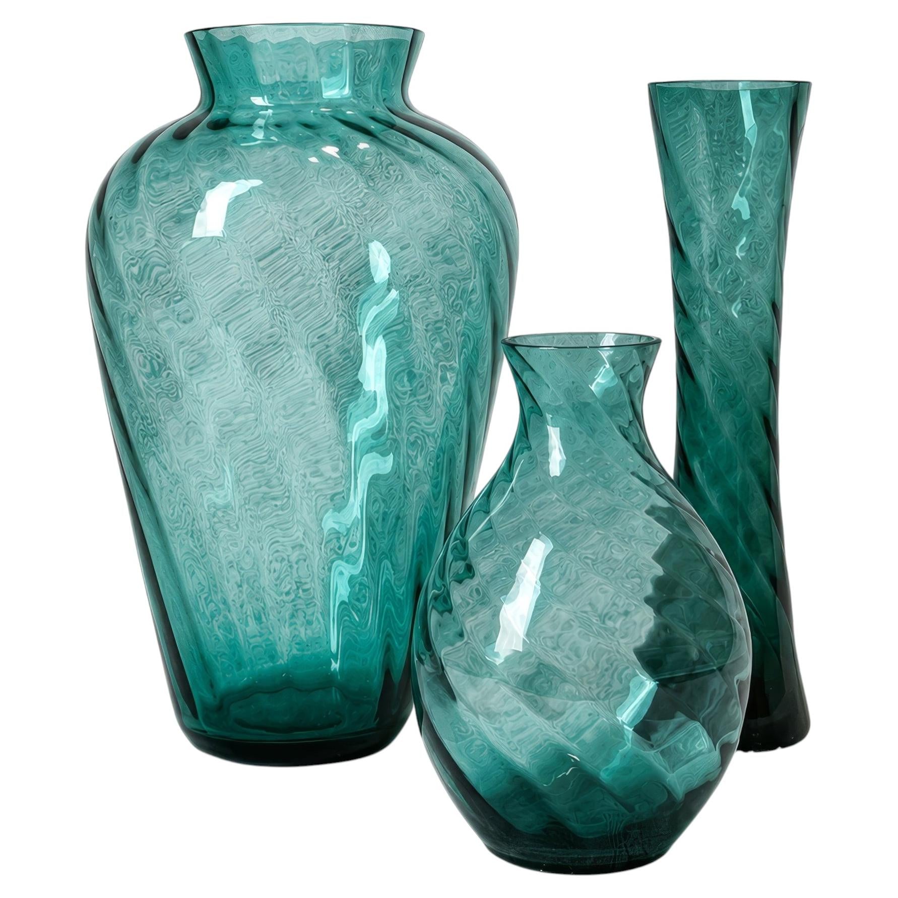 Set of Three Vintage Hand-Blown Turquoise Glass Vases with Swirled Texture