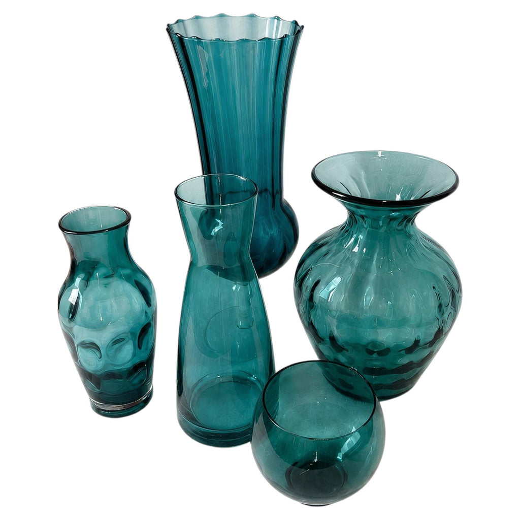 Vintage Hand-Worked Turquoise Glass Vases Set of Five, 1980s Artistry