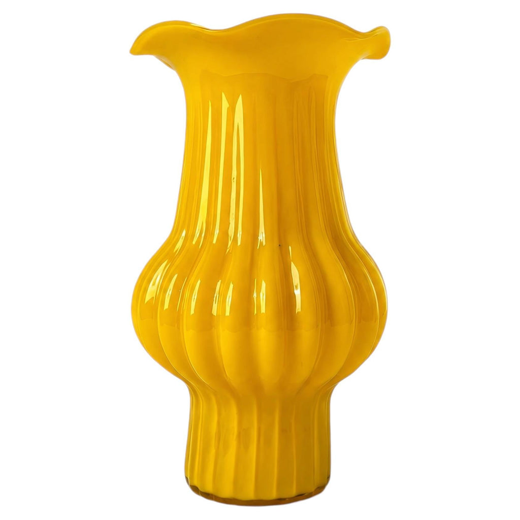 Butterscotch Yellow Ribbed Glass Vase, Mid-Century Modern, 1950