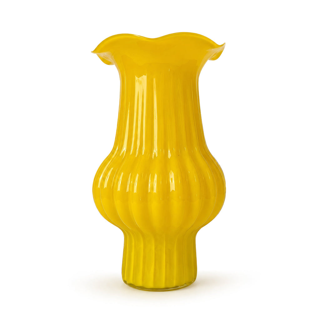 Butterscotch Yellow Ribbed Glass Vase, Mid-Century Modern, 1950