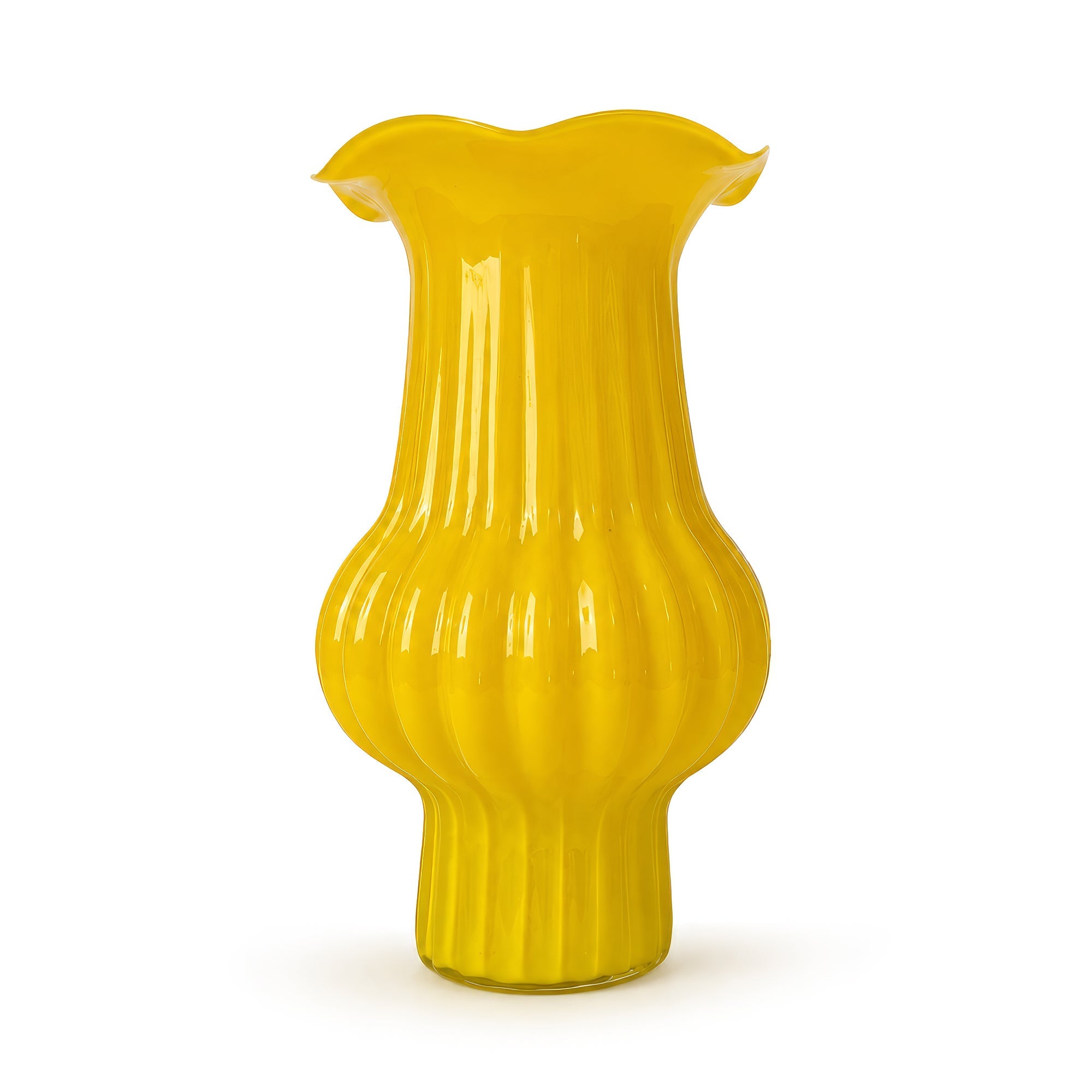 Butterscotch Yellow Ribbed Glass Vase, Mid-Century Modern, 1950