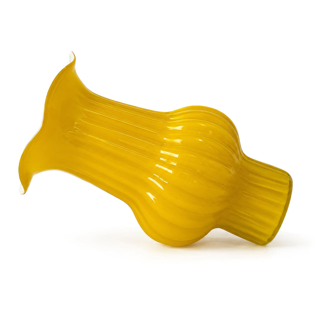 Butterscotch Yellow Ribbed Glass Vase, Mid-Century Modern, 1950