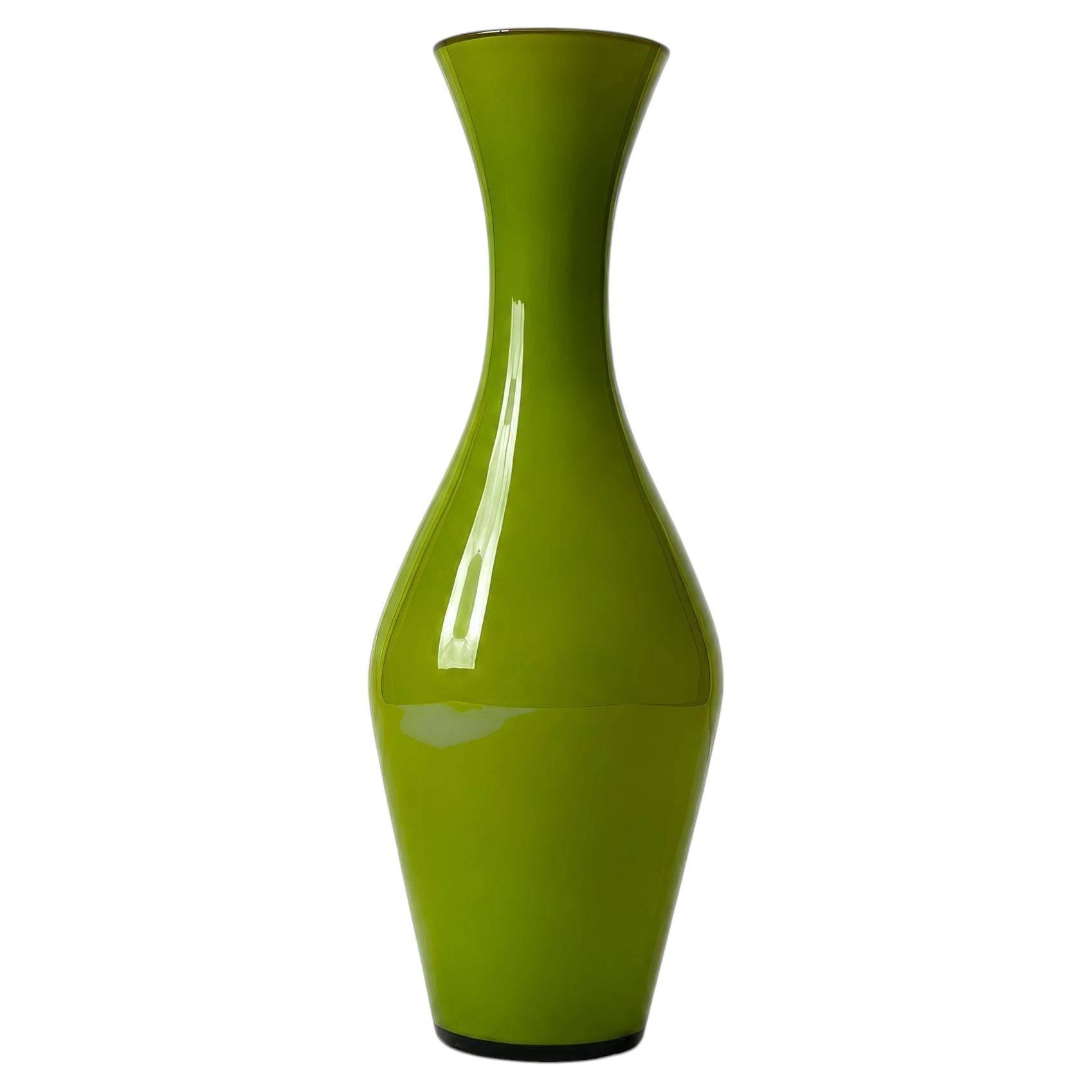 Sculptural Lime Green Empoli Glass Vase, Italy, Blown Glass, 1960s