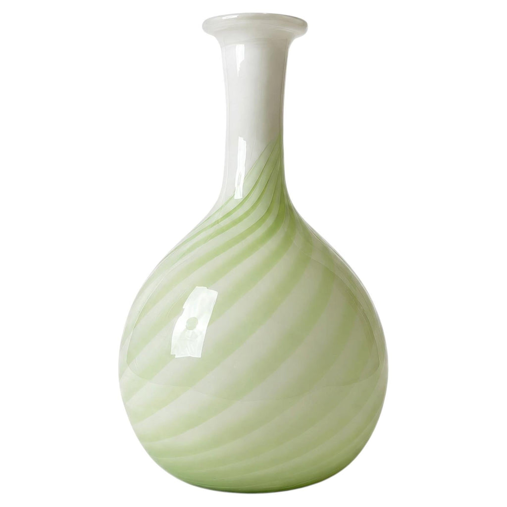 Vintage Murano Glass Vase, Green and White Spiral Design, Italy, 1970s
