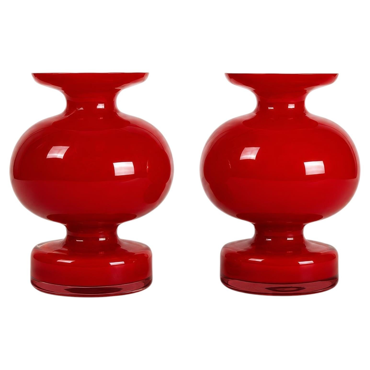 Pair of Ruby Red Art Glass Vases, Mid-Century Danish Design