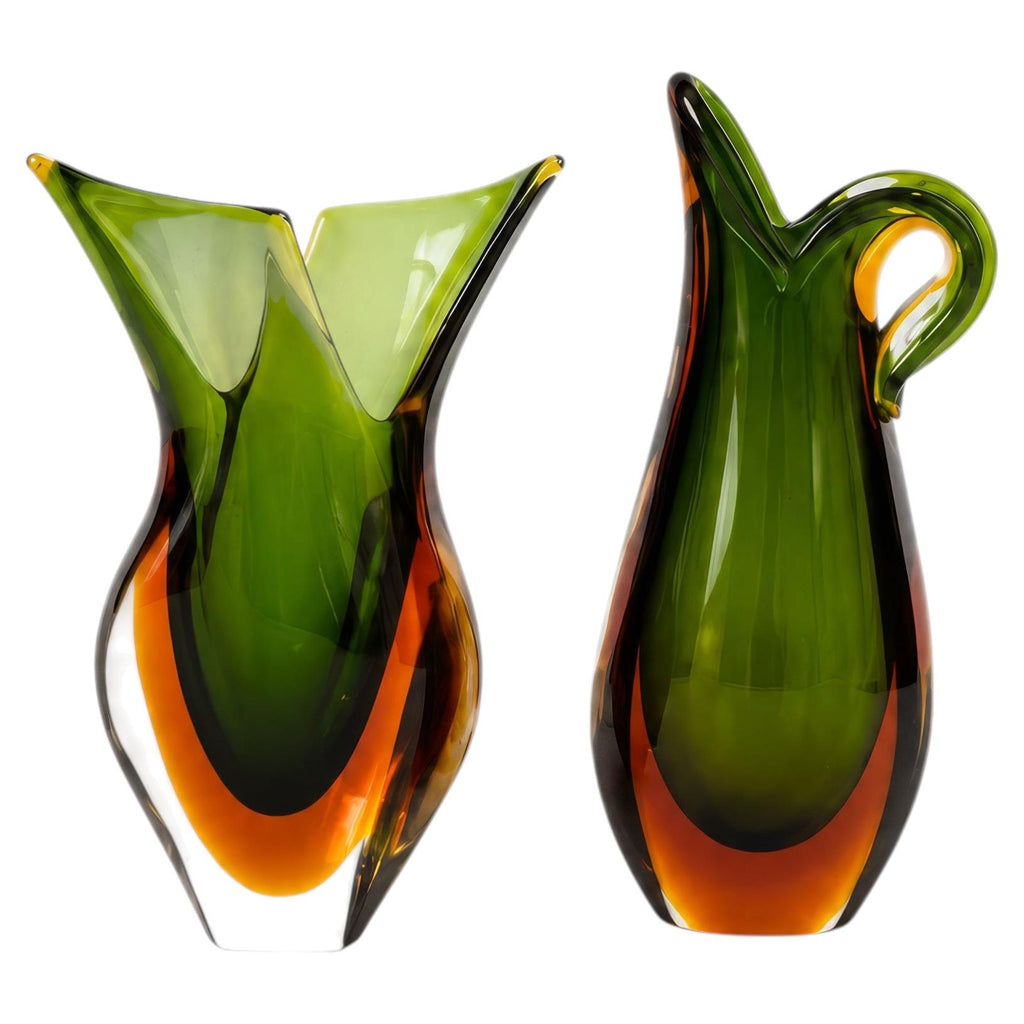 Murano Sommerso Glass Vases, Green &amp; Orange, Italy, 1970