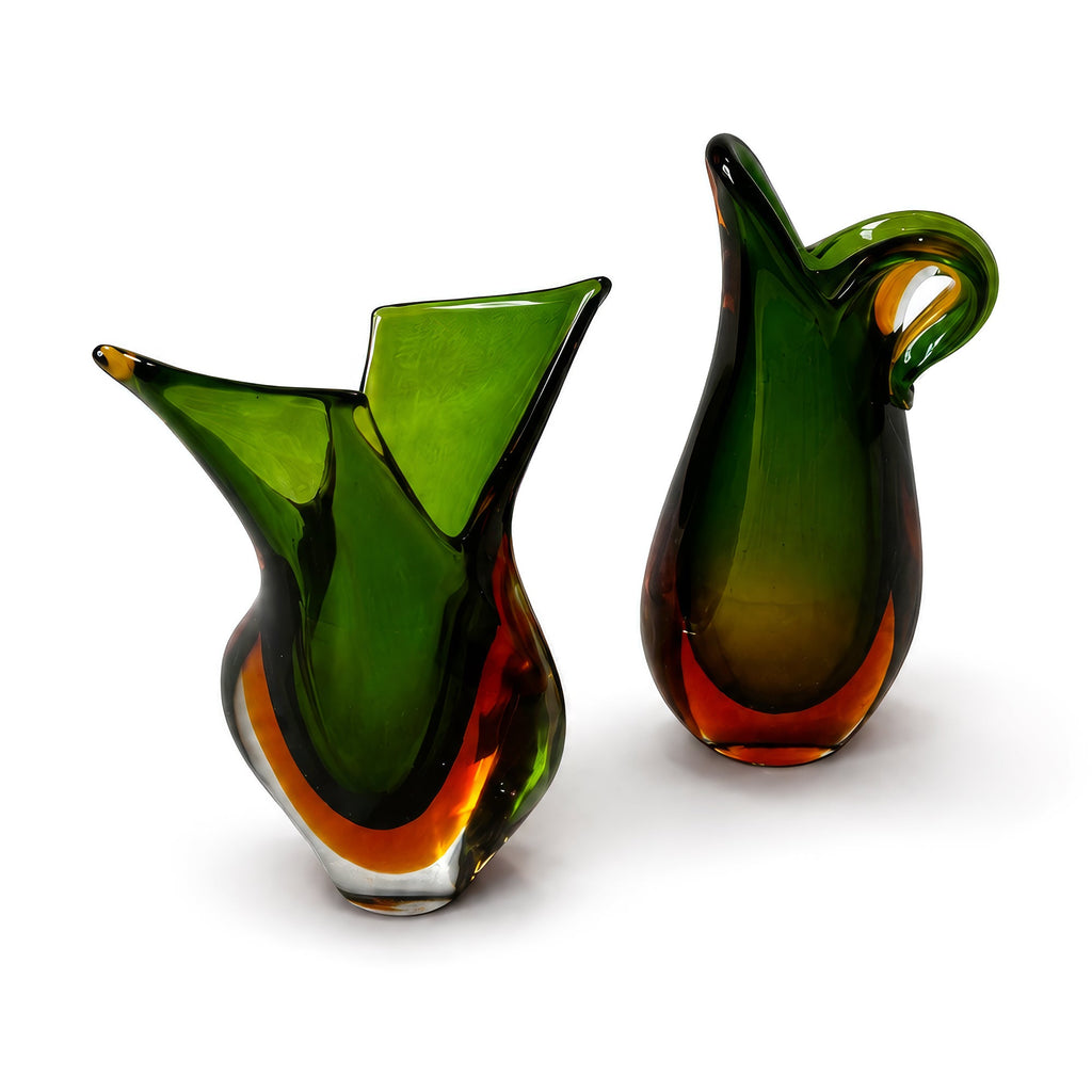 Murano Sommerso Glass Vases, Green &amp; Orange, Italy, 1970