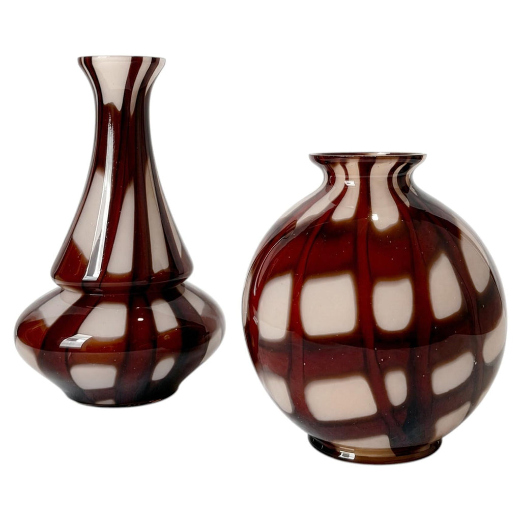 Mid-Century Murano Art Glass Vases, Red and White Filigree, 1960