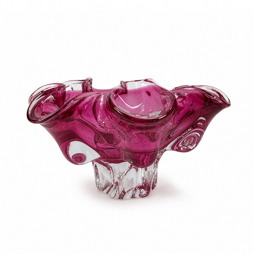 Czechoslovakian Art Glass Cat's Head Vase and Bowl Set, Pink, 1960s