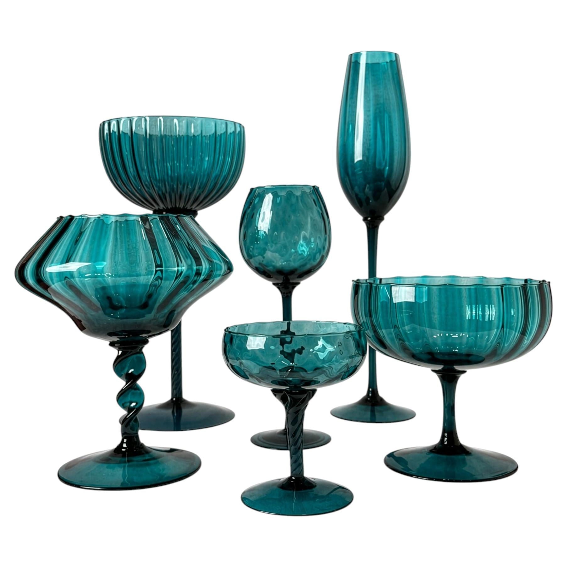 Set of Six Empoli Dark Turquoise Glass Vases, Italy, Mid-Century, 1960