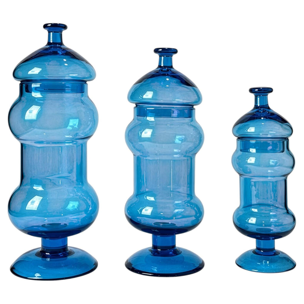 Set of Three Italian Blue Glass Apothecary Jars, Empoli Style, Late 20th Century