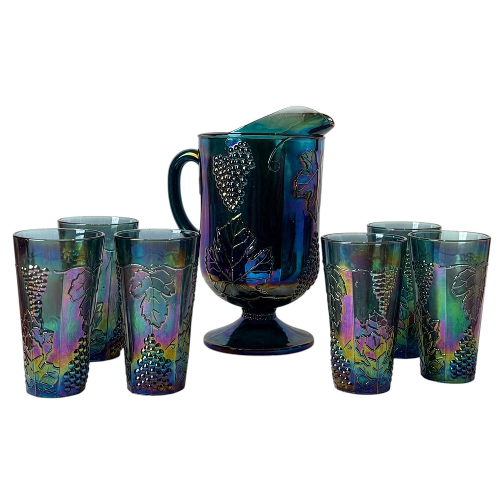 Vintage Iridescent Blue Glassware Set with Pitcher and Tumblers, 1970