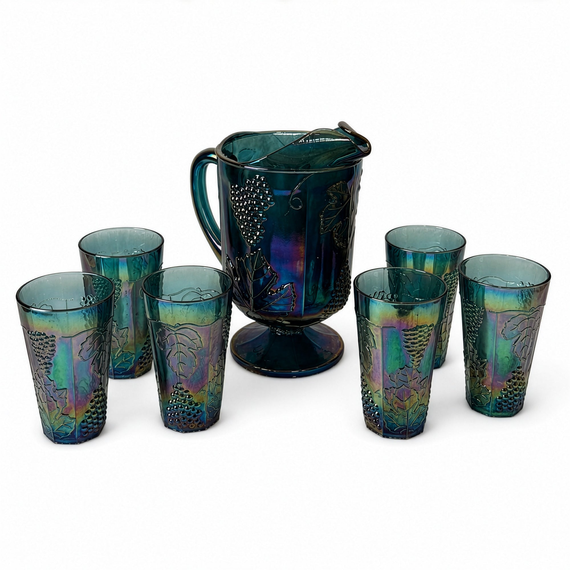 Vintage Iridescent Blue Glassware Set with Pitcher and Tumblers, 1970