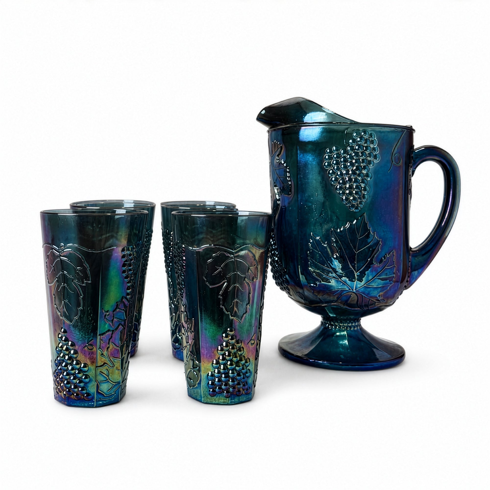 Vintage Iridescent Blue Glassware Set with Pitcher and Tumblers, 1970