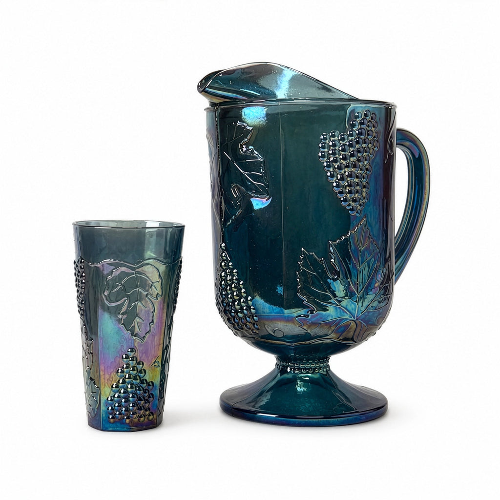 Vintage Iridescent Blue Glassware Set with Pitcher and Tumblers, 1970