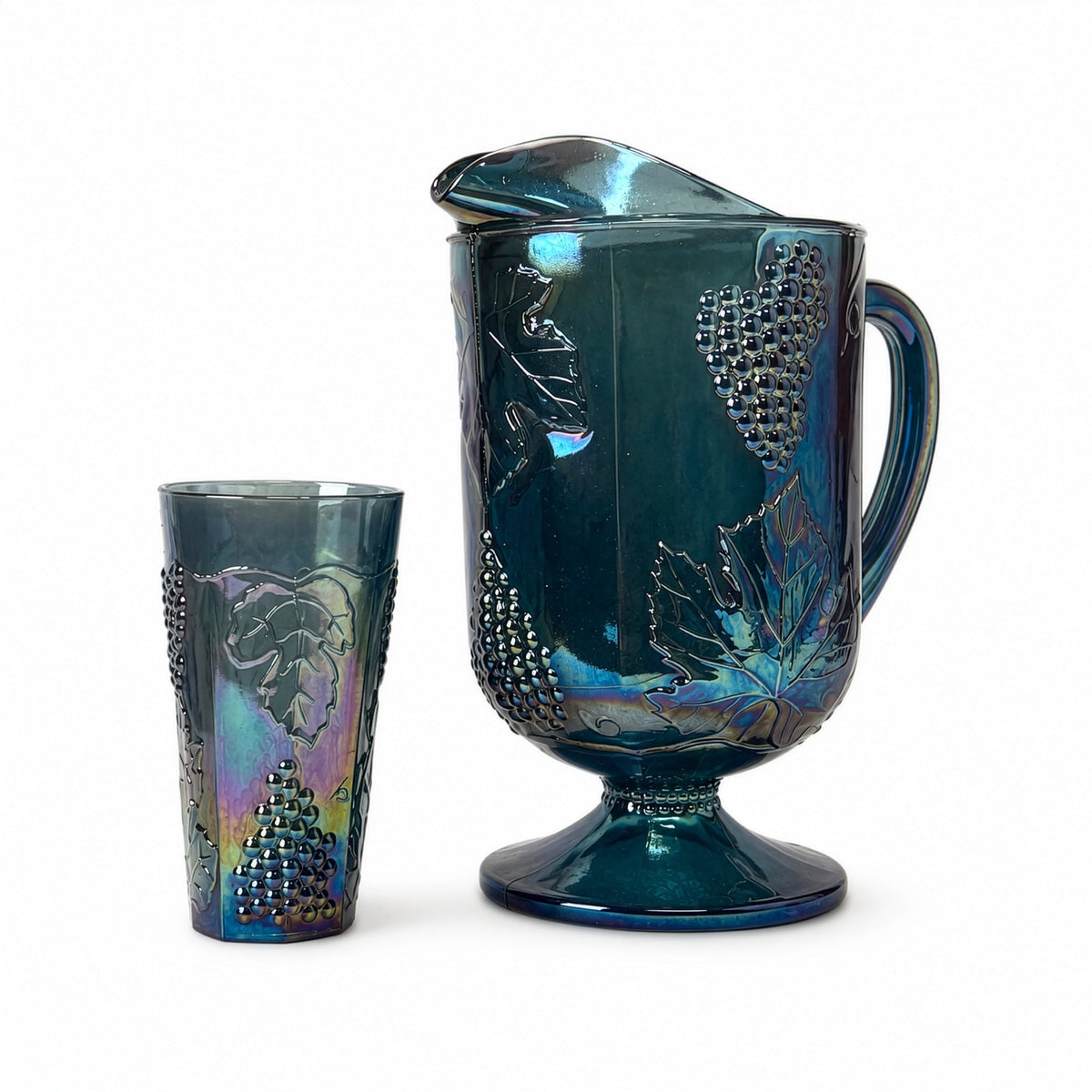 Vintage Iridescent Blue Glassware Set with Pitcher and Tumblers, 1970