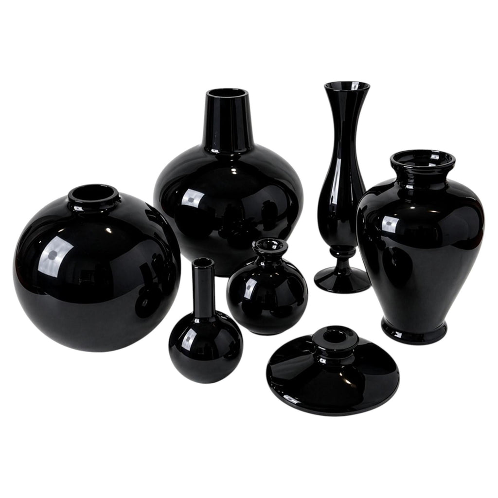Vintage Set of Seven Black Glass Vessels, Mid-Century Modern, 1970s