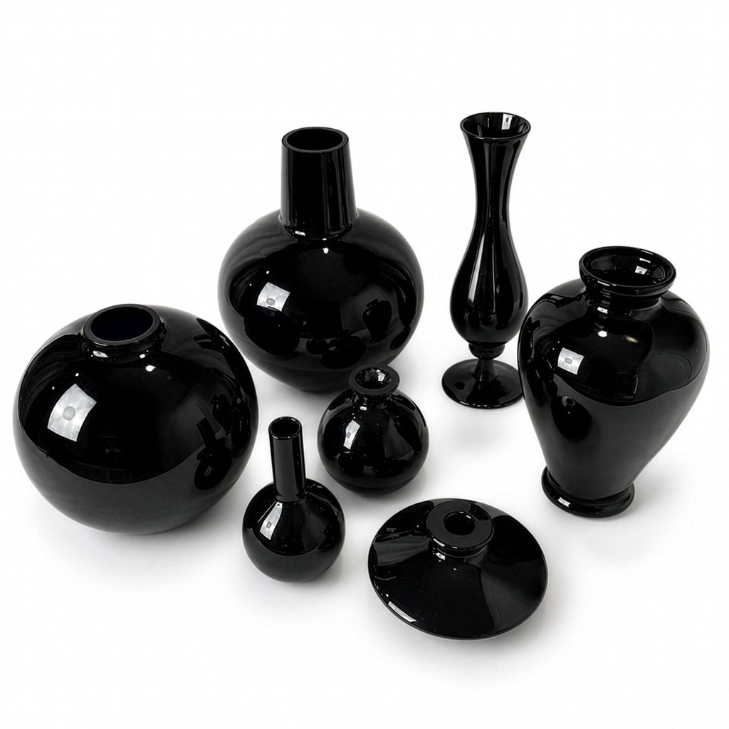 Vintage Set of Seven Black Glass Vessels, Mid-Century Modern, 1970s