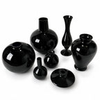 Vintage Set of Seven Black Glass Vessels, Mid-Century Modern, 1970s
