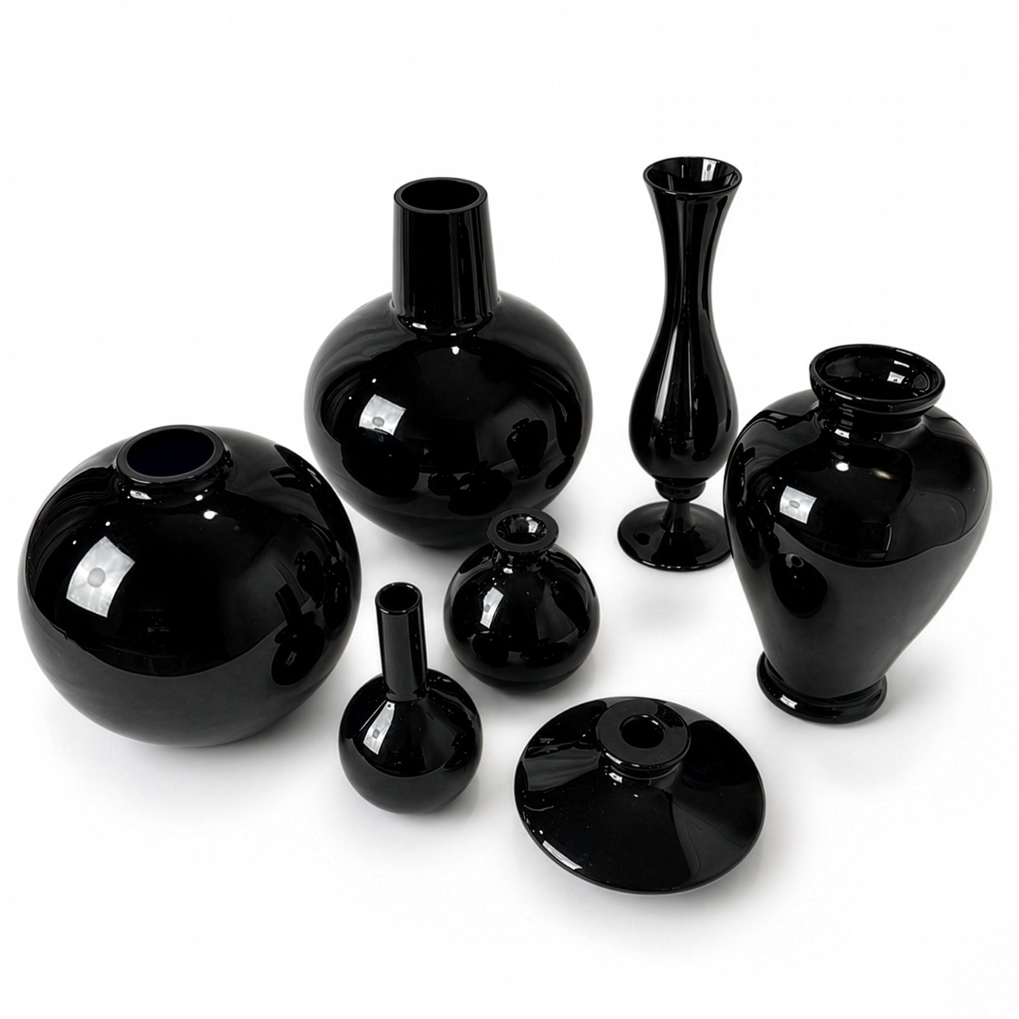 Vintage Set of Seven Black Glass Vessels, Mid-Century Modern, 1970s