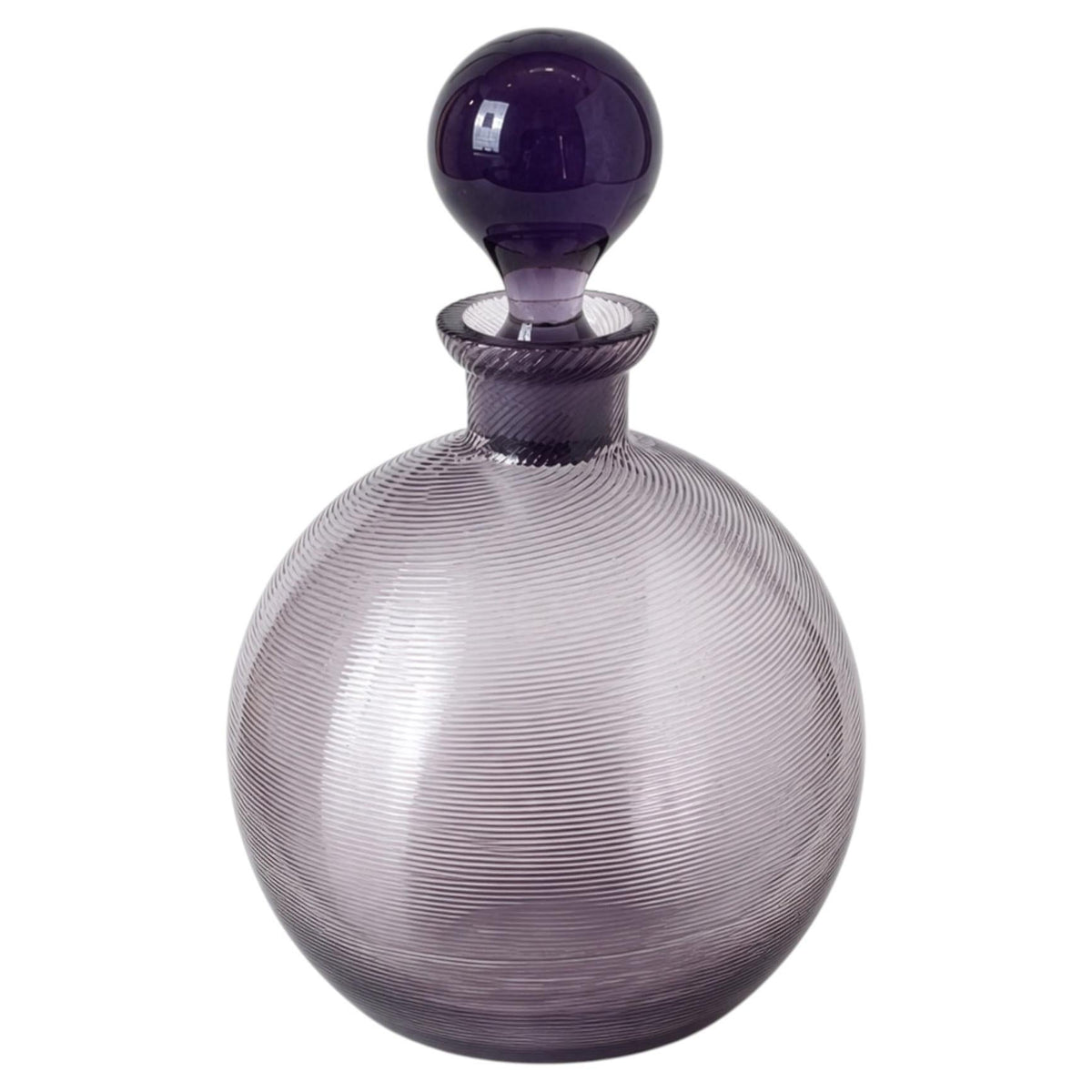 Vintage Lilac Ribbed Glass Decorative Bottle with Amethyst Ball Stopper