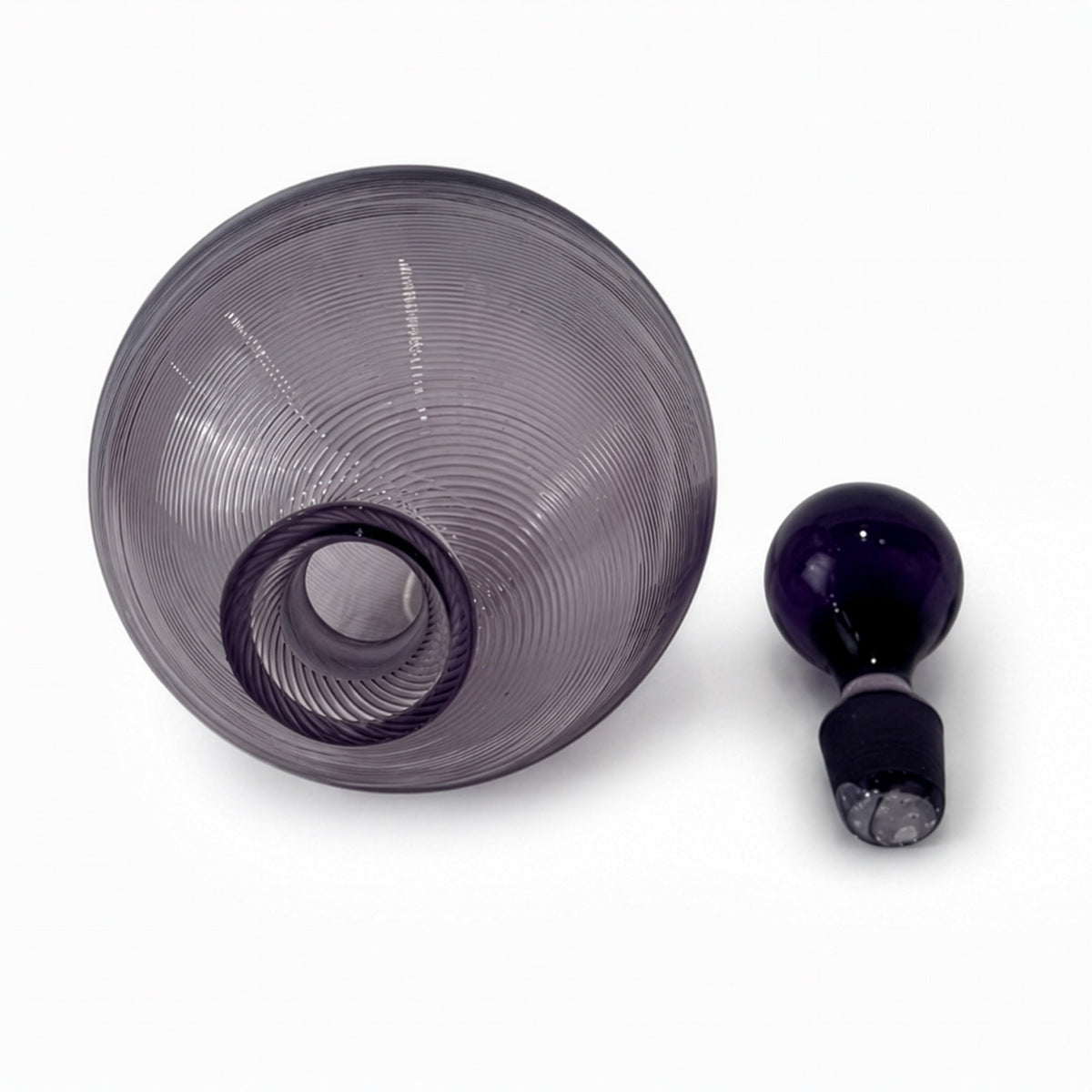 Vintage Lilac Ribbed Glass Decorative Bottle with Amethyst Ball Stopper